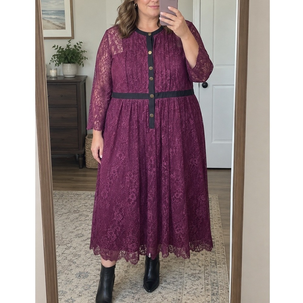 Eloquii Burgundy Lace Midi Dress Long Sleeve with Gold Buttons Size 20 Style5213